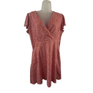 Brakeburn Dress Womens 12 Pink Floral Wrap Fit Flare Short Flutter Sleeve Summer